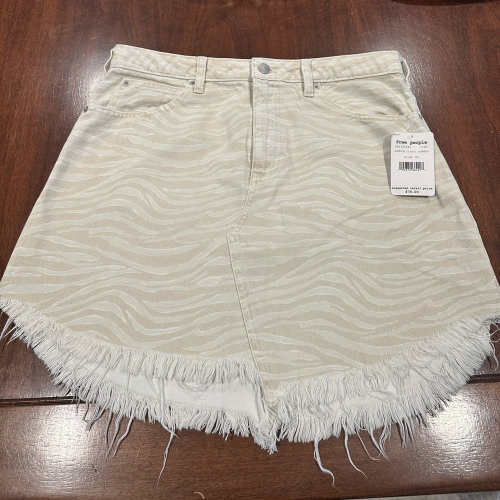 Free People Animal Print in Cream Frayed Edge  Denim Mini Skirt